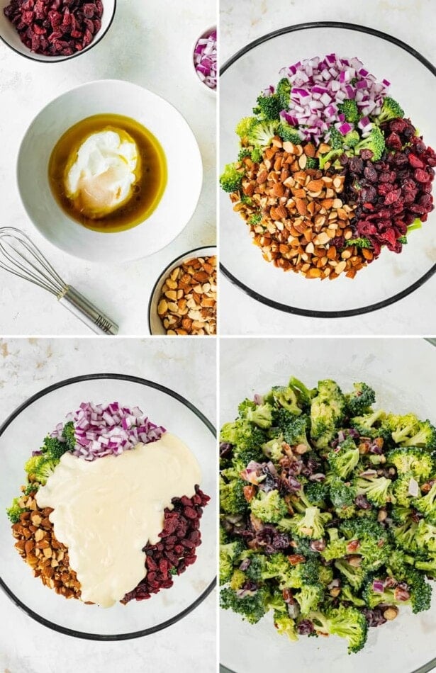 Collage of four photos showing the steps to make Broccoli Cranberry Salad: making the Greek yogurt dressing, adding ingredients to a bowl and then tossing together.