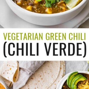 A bowl of vegetarian chili verde served with avocado, lime, cheese, cilantro and a tortilla. Photo below is two bowls of chili verde next to warm tortillas.