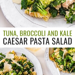 Tuna, broccoli and kale caesar pasta salad on a plate topped with shaved parmesan. Photo below is of three plates with the pasta salad.