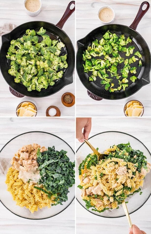Collage of four photos showing the process to make Tuna, Broccoli and Kale Caesar Pasta Salad: cooking broccoli in a skillet, and then tossing together pasta, tuna, caesar dressing and kale in a bowl.