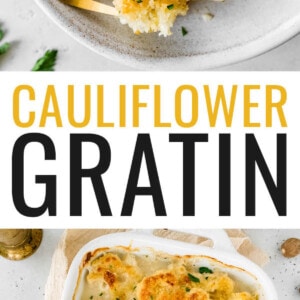 A serving of low carb cauliflower gratin on a plate with a fork. Photo below is the gratin in a baking dish.