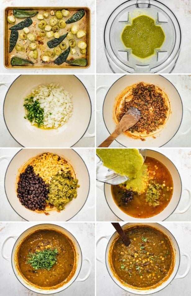 Collage of 8 photos showing the process steps to make Vegetarian Green Chili (Chili Verde).