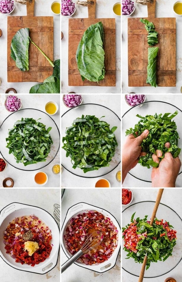 Collage of 9 photos showing how to make a collard green salad: cutting the collard greens, massaging the greens with oil and salt and then topping with a sun-dried tomato dressing.