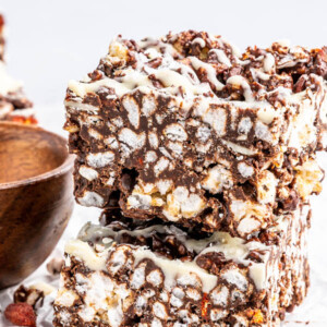 Chocolate crunch bars stacked on top of each other.