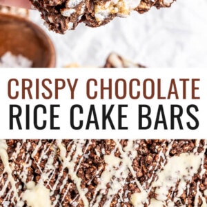 Photo of a hand holding a Crispy Chocolate Rice Cake Bars. Photo below is of a pan of the Crispy Chocolate Rice Cake Bars topped with drizzled white chocolate.