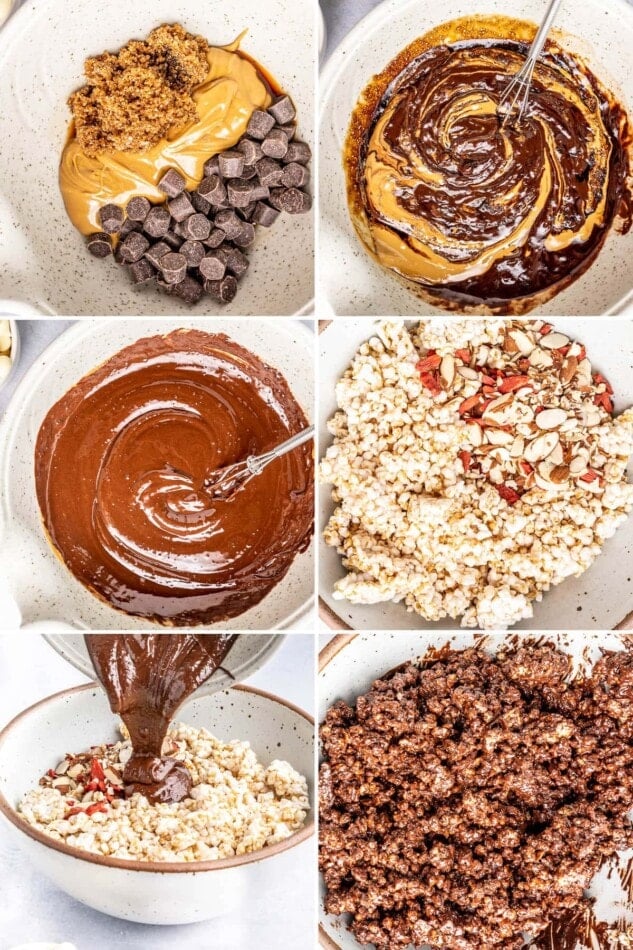 Collage of six photos showing how to make Crispy Chocolate Rice Cake Bars by mixing crushed rice cakes with melted chocolate and peanut butter.