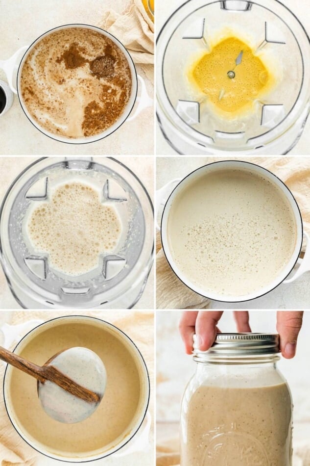 Six photos showing how to make Dairy-Free Eggnog.