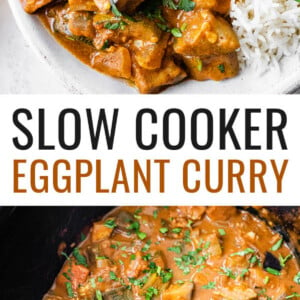 Eggplant curry plated with naan, lime, cilantro and rice. Photo below is the eggplant curry in a slow cooker.