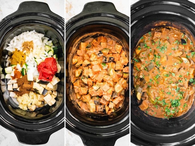 Three photos showing the steps to make Eggplant Curry in a slow cooker: adding the veggies and coconut milk, slow cooking and topping with fresh herbs.