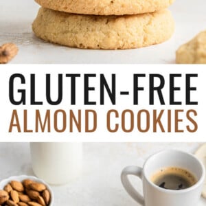 Stacked almond cookies. Photo below is of the almond cookies on a plate next to a bowl of almond and a cup of coffee.