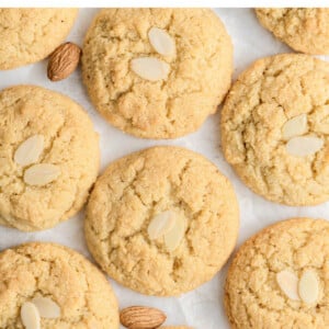 Almond cookies arranged in columns.