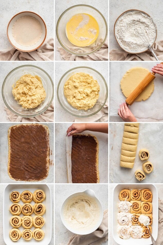 Collage of 12 photos showing the steps to make Gluten-Free Cinnamon Rolls: making the dough, rolling it with a cinnamon sugar filling, baking the cinnamon rolls and then frosting them.