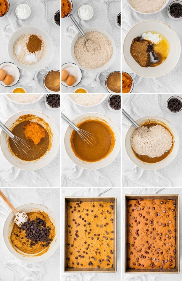 Collage of 9 photos showing the steps to make Healthy Pumpkin Bars: making the batter, pouring into a pan, topping with chocolate chips and baking.