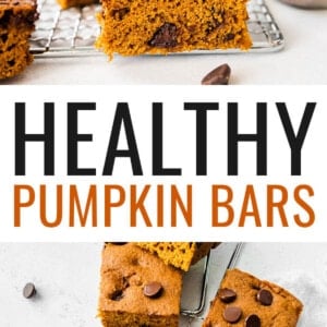Stack of pumpkin bars. Photo below is of the pumpkin bars on a cooling rack, with a cup of chocolate chips to the side.