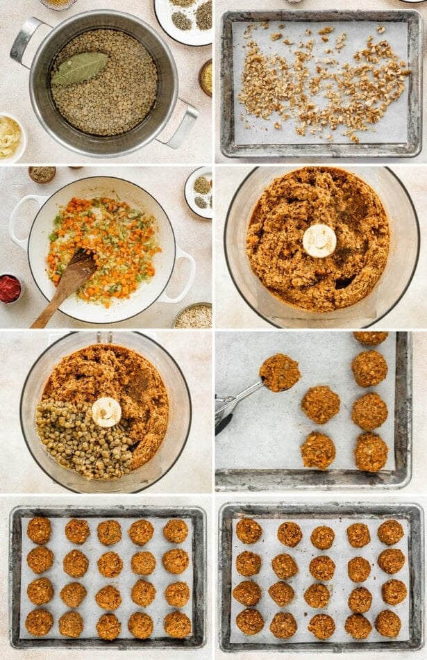 8 photos showing the process to make Lentil Meatballs: cooking the lentils, toasting walnuts, sautéing veggies, belnding everything together and baking the mixture into meatball shapes.