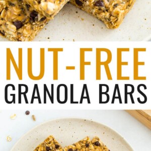 Nut free granola bars on a plate studded with chocolate chips and chia seeds.