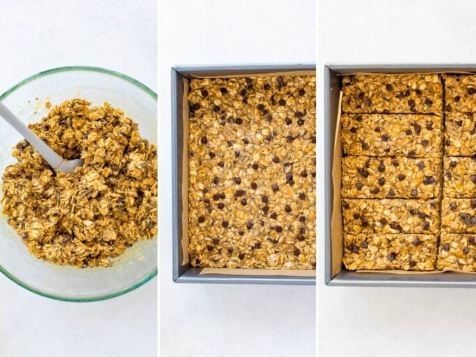 Three photos showing the steps to make Nut Free Granola Bars: mixing the oats and ingredients for the granola bars together in a bowl, adding to a pan and then cutting into rectangles.