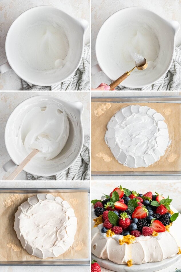 Collage of 6 photos showing the steps to make a Pavlova: whipping the egg whites and sugar and coconut cream, forming into a dome, baking and topping with berries.