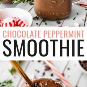 A chocolate peppermint smoothie in a glass mug with a candy cane. Photo below is a bird's eye view of a peppermint chocolate smoothie that's garnished with cacao nibs and peppermint candy.