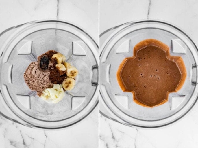 Side by side photos of a Chocolate Peppermint Smoothie in a blender, before and after being blended.