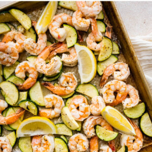 Shrimp scampi on a sheet pan.