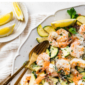 Shrimp scampi on a serving platter.