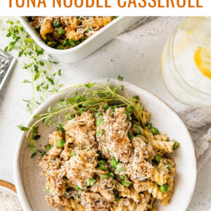 A serving of healthy tuna noodle casserole on a plate.