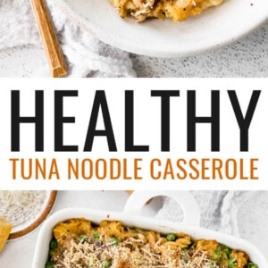 A serving of healthy tuna noodle casserole on a plate. Photo below is of a square baking dish with the tuna casserole.