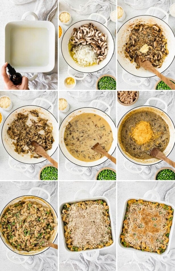 9 photos showing to steps to make Healthy Tuna Noodle Casserole: making the mushroom sauce and tossing with cheese, pasta, peas and then baking.