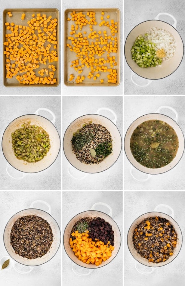 Collage of 9 photos showing the steps to make wild rice stuffing: roasting the butternut squash, sautéing onions and celery, cooking the rice and finally stirring the rice with the squash and dried cherries.