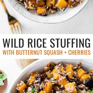 Bowl of wild rice stuffing with butternut squash and dried cherries. Garnished with thyme.