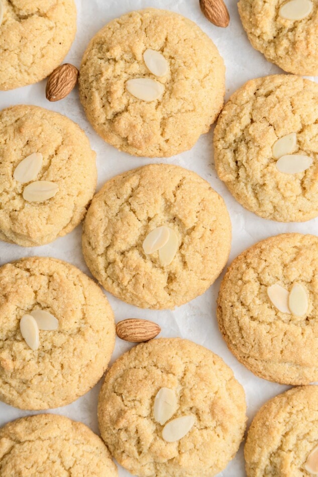 Almond cookies arranged in columns.