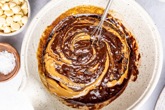 Nut butter, chocolate chips, brown sugar and vanilla extract melted in a bowl.