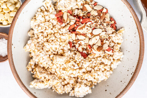 Rice cakes and mix-ins in a bowl.