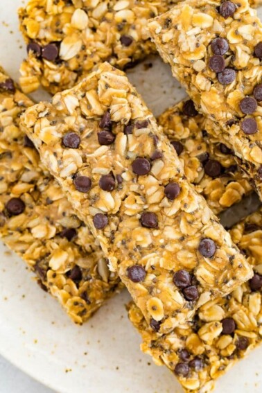 Close up of nut free granola bars on a plate.