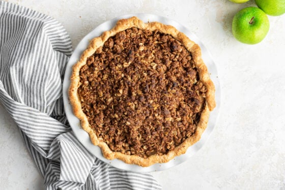 Healthier dutch apple pie in a pie plate.