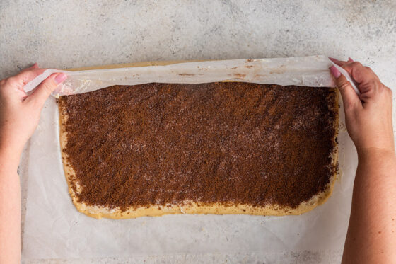 Rolling the dough into a log with the assistance of parchment paper.