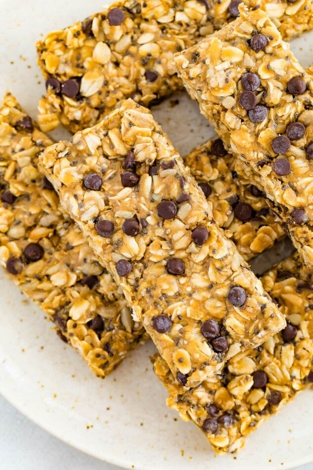 Close up of nut free granola bars on a plate.