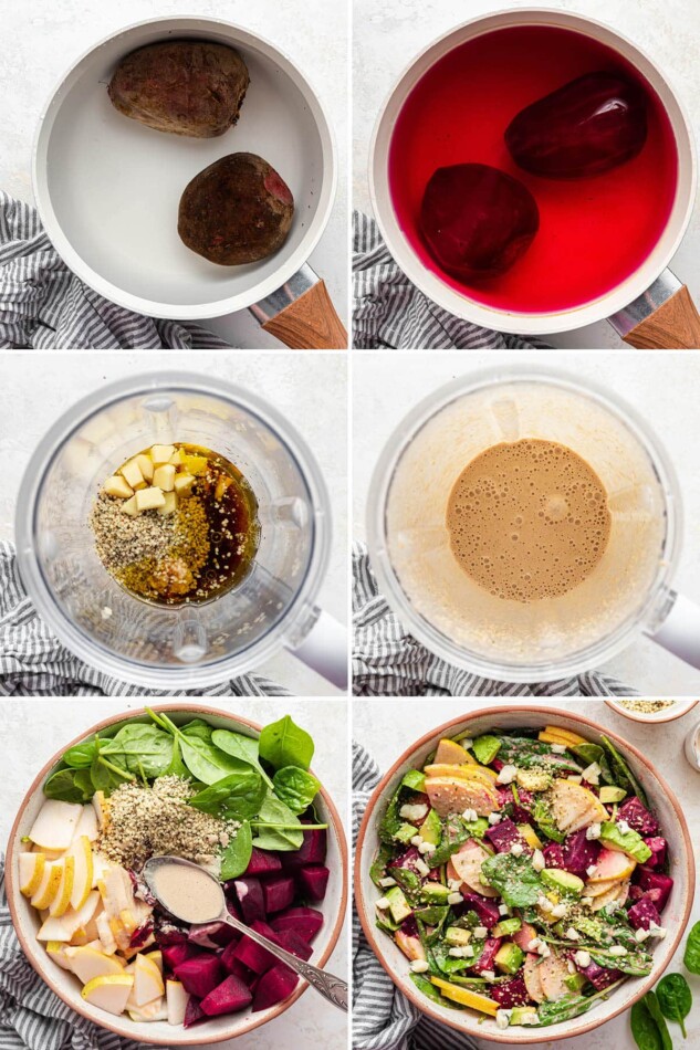 Six photos showing the steps to make Pear and Beet Salad with a Ginger Hemp Dressing, cooking the beets, making the dressing in a blender and then tossing the salad.