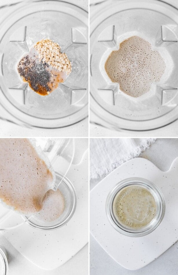 Collage of four photos showing the steps to make Blended Overnight Oats: blending the oats, chia seeds, yogurt and milk, and then pouring into a jar to set.