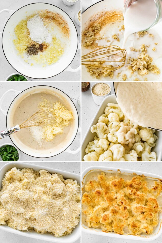 Collage of six photos showing how to make cauliflower gratin.