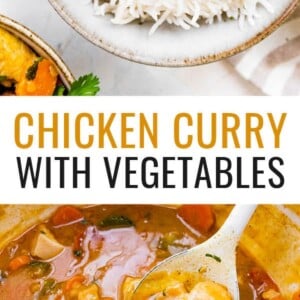 Chicken curry and vegetables served with rice. Photo below is of the curry in a pot.