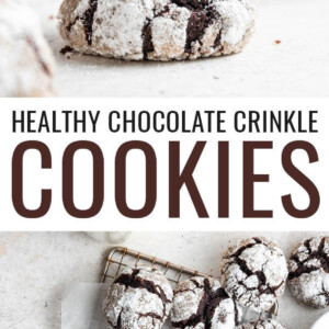 Two chocolate crinkle cookies stacked, one has a bite taken out of it. Photo below is the chocolate crinkle cookies on parchment paper and a little cooling rack.