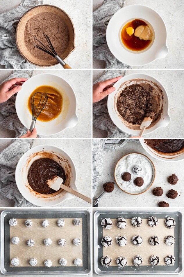 Collage of 8 photos showing how to make chocolate crinkle cookies.