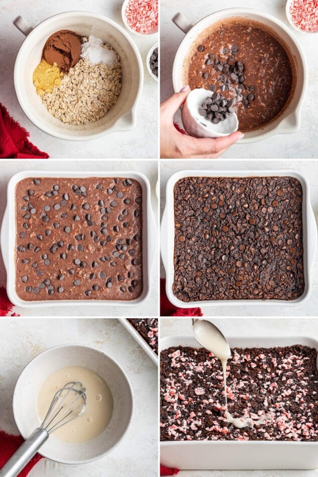 Collage of 6 photos showing the steps to make Chocolate Peppermint Baked Oatmeal: mixing the oatmeal mixtures, baking in a casserole dish and then drizzling with icing.