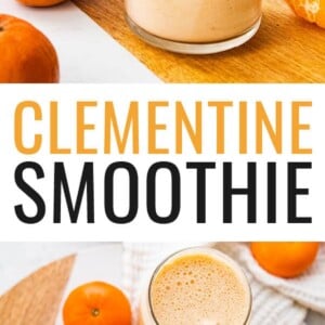 Photo of clementine smoothie being poured into the glass. Photo below: Two glasses of clementine smoothies with glass straws.