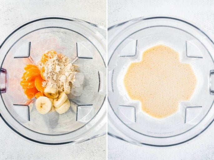 Side by side photos of a blender with the ingredients for a clementine smoothie, before and after being blended.
