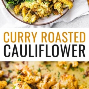 Curry roasted cauliflower served with greens and naan. Photo below is of the curry cauliflower on a roasting pan.