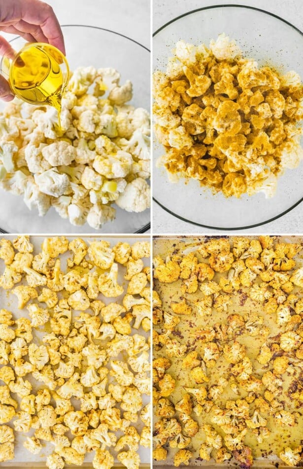 Collage of four images: olive oil drizzling on raw cauliflower bites, then being sprinkled with curry powder, and the last two photos are of the cauliflower before and after roasting on a sheet pan.