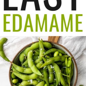 Bowl of salted edamame pods.
